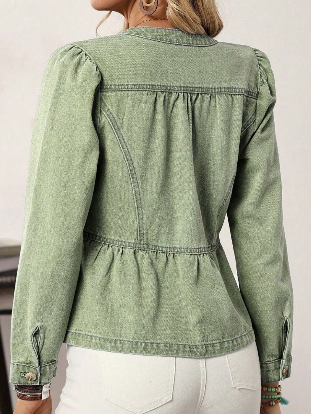 Army Green Casual Women's Long Sleeve Single-Breasted Ruffle Hem Denim Jacket - Picture 2 of 5